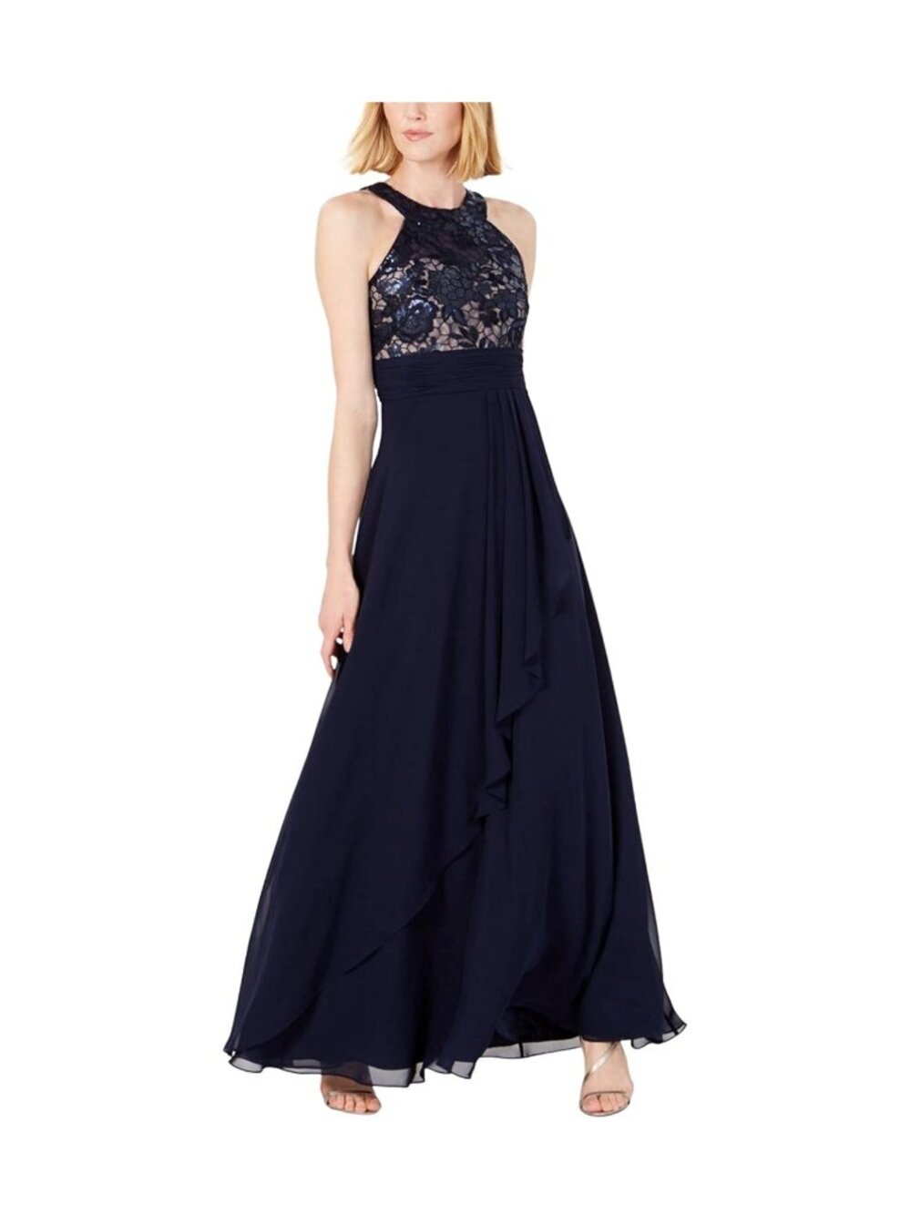 Calvin Klein Navy Sleeveless Halter Neck Gown with Beaded Bodice in Women's 10